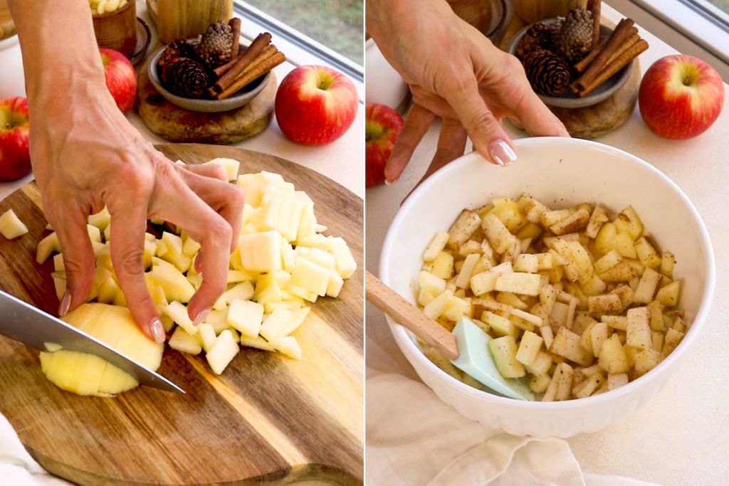 slicing apples, and placing them in a bowl, with spices.