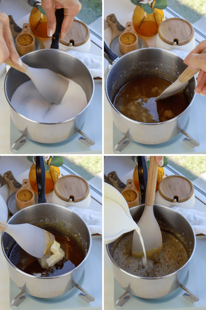 making caramel sauce, adding sugar to the pan, and mixing until melted, then adding butter, and adding the heavy cream.