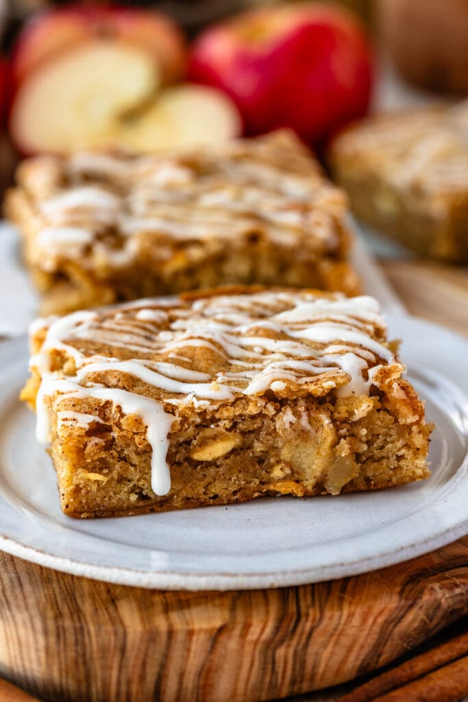 apple blondie bars stacked on top of each other.