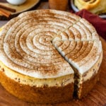 cinnamon sprinkled cheesecake with a swirl frosting on top.