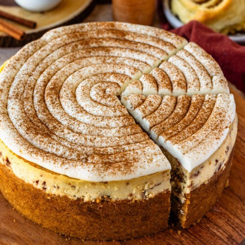 cinnamon sprinkled cheesecake with a swirl frosting on top.