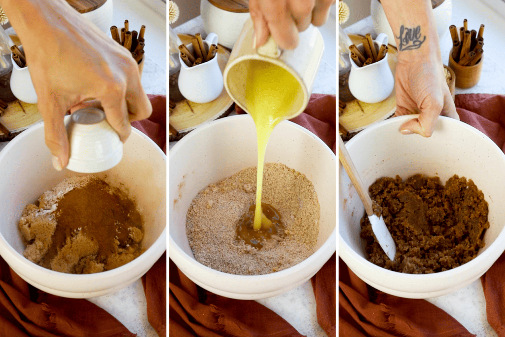 first picture: adding cinnamon to a bowl with sugar and flour. second picture: adding butter to the bowl with the ingredients. third picture: bowl with ingredients mixed in and a spatula.
