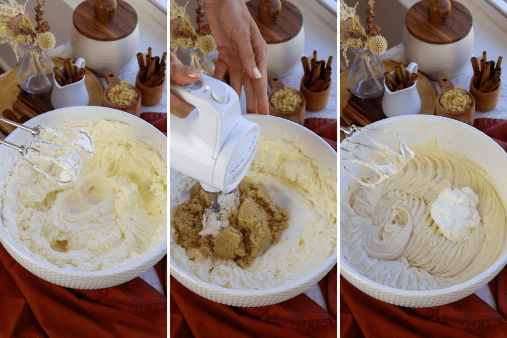 first picture: cream cheese whipped in a bowl. second picture: brown sugar and cream cheese in a bowl with a mixer. Third picture: brown sugar and cream cheese whipped together in a bowl.