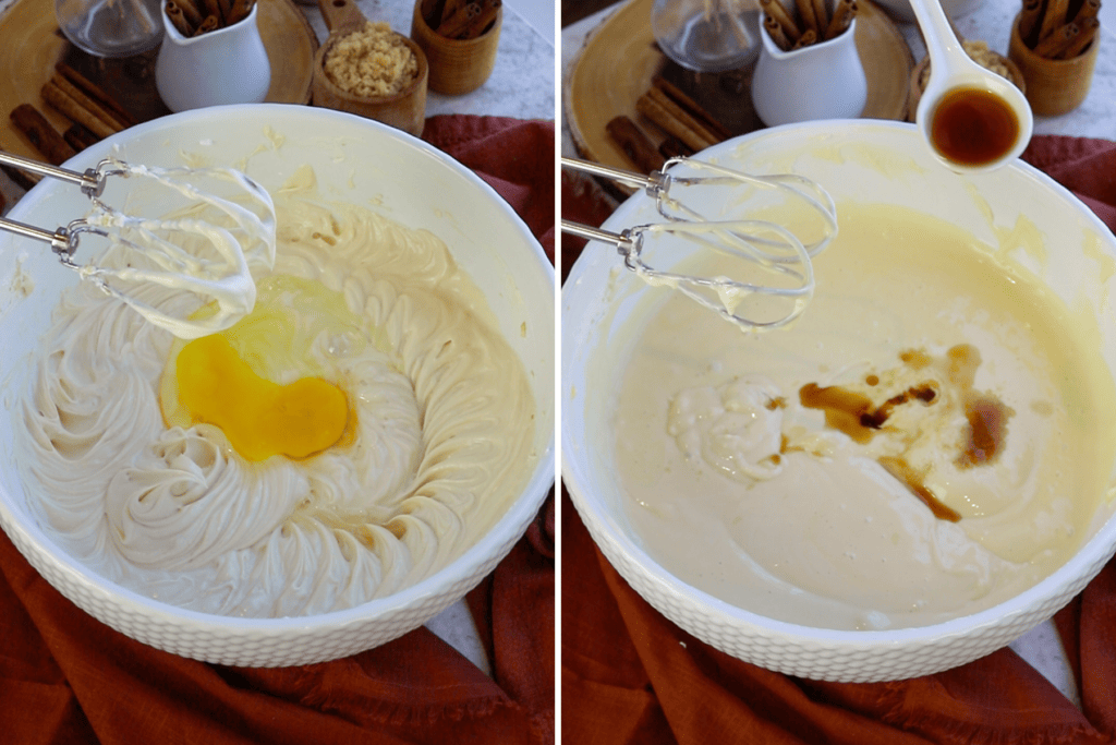 first picture: eggs added to a bowl. Second picture: vanilla added to a bowl of batter.