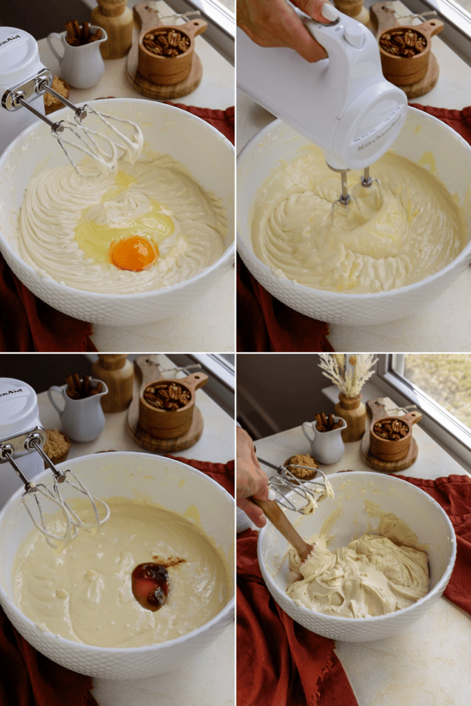 Making cheesecake batter. first picture: egg added to the cheesecake batter. second picture: mixer whipping the batter. third picture: vanilla added to the bowl. fourth picture: spatula scraping the bowl so the batter gets evenly incorporated.