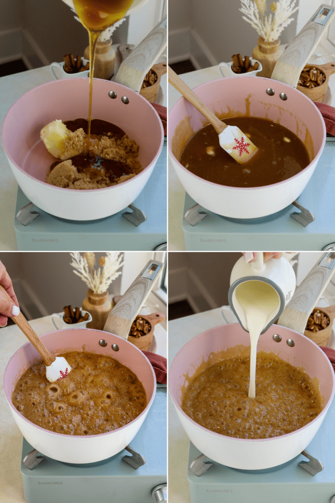 four pictures showing making caramel pecan sauce. First picture: adding corn syrup to a saucepan with butter and sugar in it. second picture: the mixture is melting in the pan. third picture: the sauce is boiling in the pan, there's a spatula stirring it. fourth picture: adding heavy cream to the saucepan.