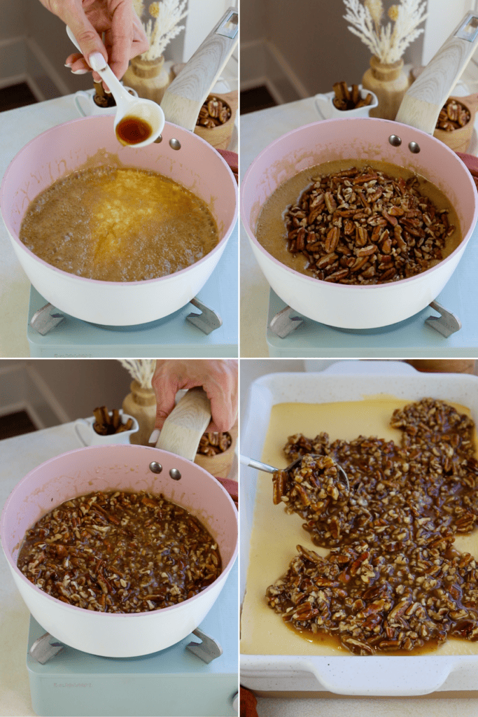 four pictures showing making caramel pecan sauce. first picture: adding vanilla extract to the saucepan. second picture: pecans added to the caramel sauce pan. third picture: pecans mixed with the caramel sauce. fourth picture: the caramel sauce poured over the cheesecake.