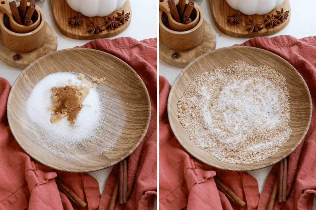 making pumpkin spice sugar. first picture is a bowl with sugar, brown sugar, and spices in a bowl. second picture: the spices and the sugars are mixed in a bowl.