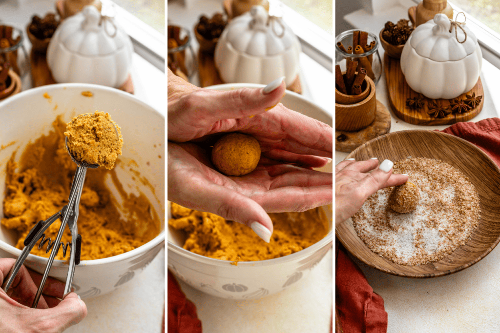 first picture: a cookie scoop scooping the cookie dough. Second picture: rolling a cookie dough ball between hands. third picture: cookie dough ball placed in a plate with sugar mixed with spices.