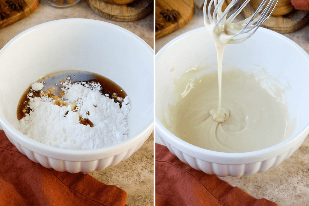 first picture: powdered sugar, maple syrup and milk in a bowl. second picture: a whisk mixing all of the ingredients together.