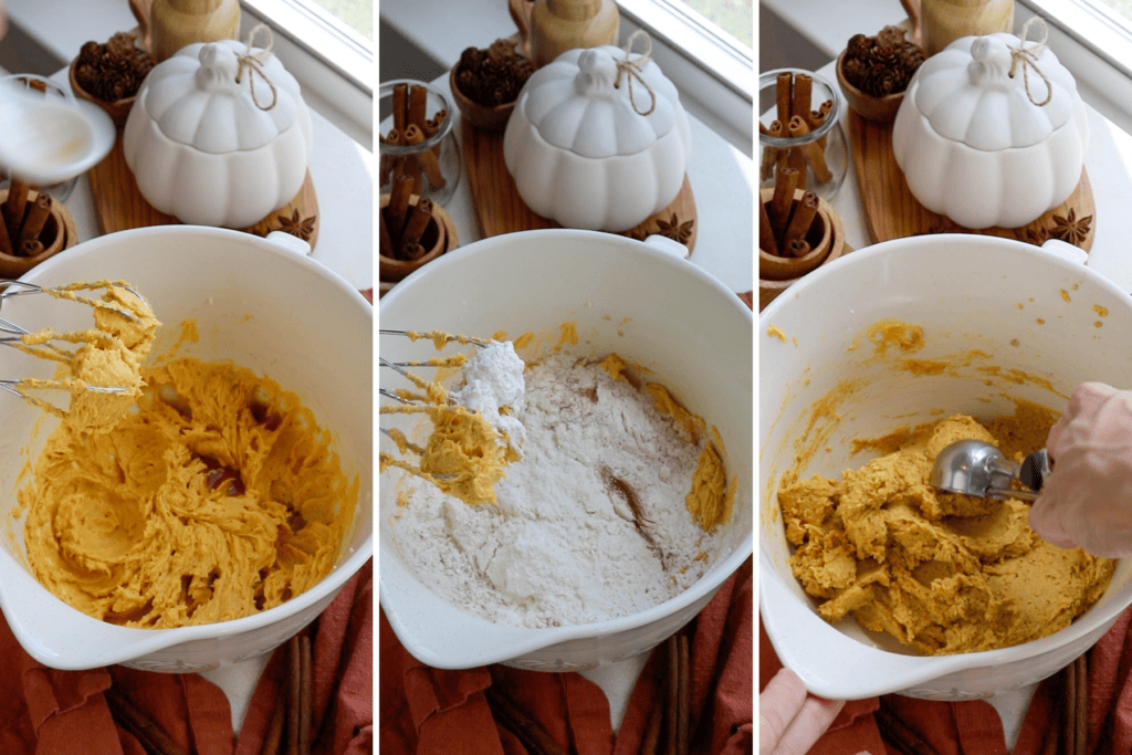 a bowl with batter for pumpkin cookie inside. second picture: flour mixture added to the bowl with pumpkin cookie dough. third picture: a cookie scoop scooping the cookie dough.