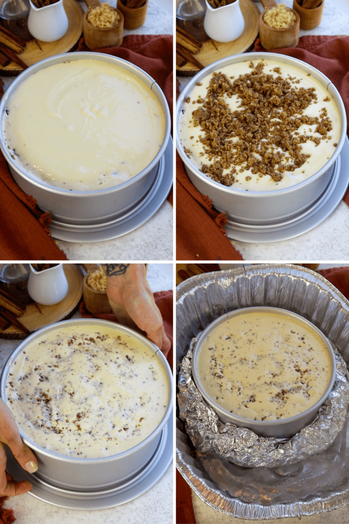 first picture: cheesecake batter in a cheesecake pan. second picture: sprinkled cinnamon mixture on top of cheesecake batter. third picture: showing the batter mixed in with the cinnamon swirl filling. fourth picture: cheesecake in a pan with water on the bottom forming a water bath.