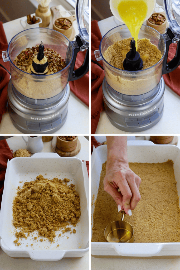 making graham cracker crust. first picture: adding pecans to a food processor with graham cracker crumbs. second picture: crumbs mixed in the food processor. third picture: pouring graham cracker mixture on the bottom of the pan. fourth picture: mixture being pressed on the bottom of a 9x13" pan.