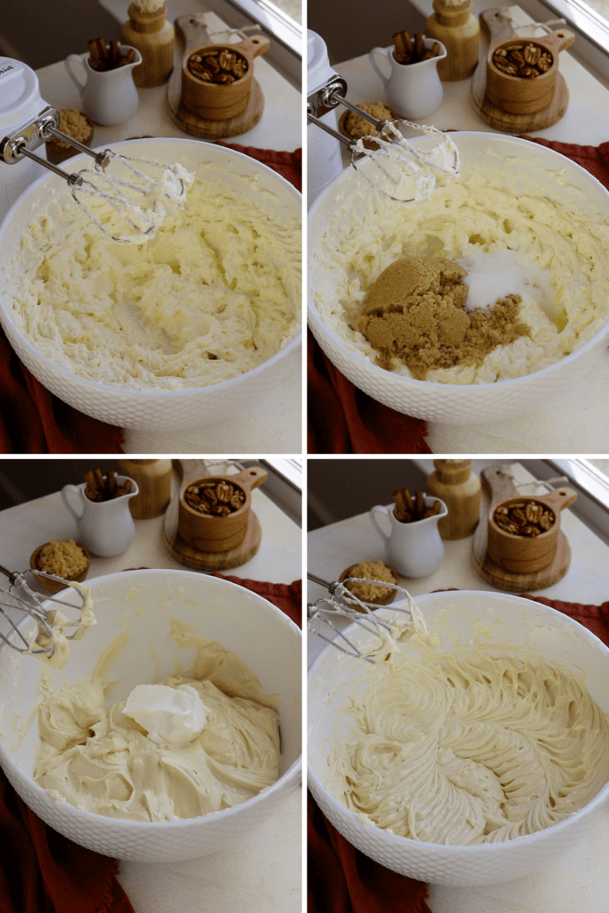Making cheesecake batter. first picture: beating the cream cheese with a hand mixer. second picture: adding brown sugar and granulated sugar to the bowl. third picture: adding sour cream to the bowl with batter. fourth picture: cheesecake batter mixed with a hand mixer.