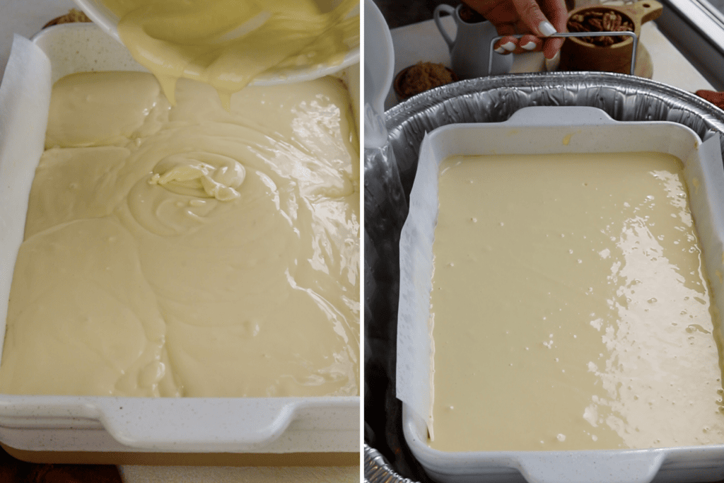 first picture: pouring cheesecake batter on a 9x13" pan. second picture: adding water to a larger roasting pan, where the cheesecake pan is, to form a water bath.