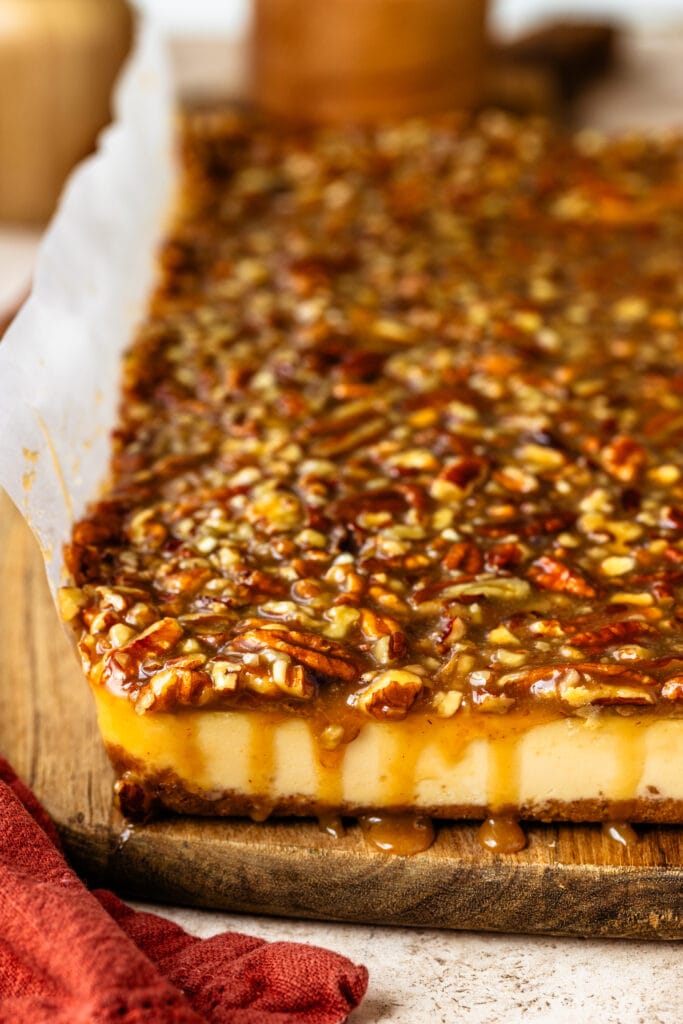cheesecake bars topped with pecan and caramel.