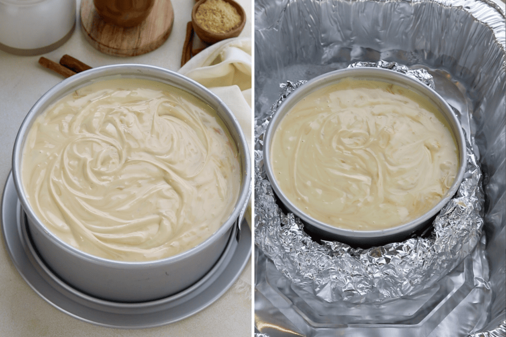 first picture: cheesecake batter in a springform pan. second picture:there's a springform pan inside of a large roasting disposable pan, the springform pan is wrapped with aluminum foil, and there's water in the large roasting pan, forming a water bath.