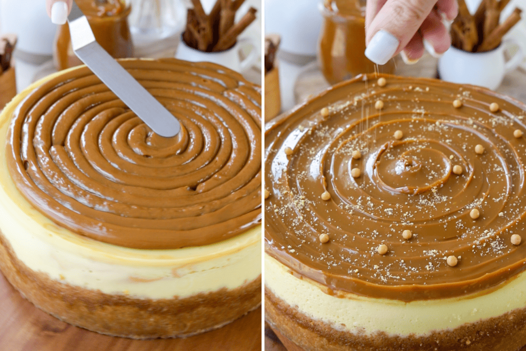 first picture: a cheesecake with dulce de leche on top and a spatula spreading it. second picture: a hand sprinkling graham cracker on top of a dulce de leche cheesecake.