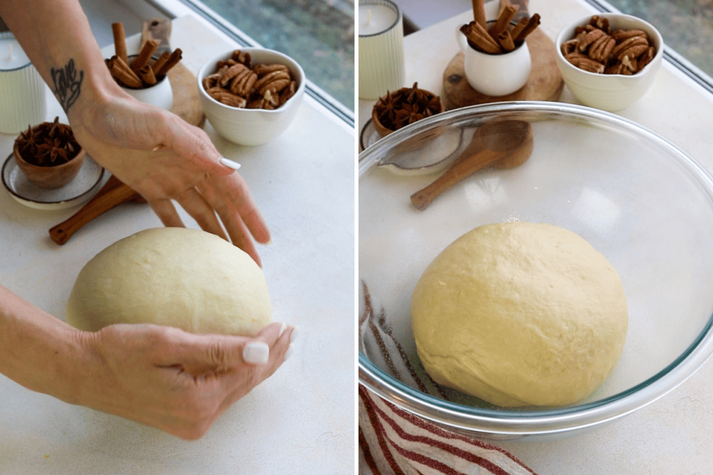 first picture: handling the dough with hands into a ball. second picture: brioche dough placed in a bowl.