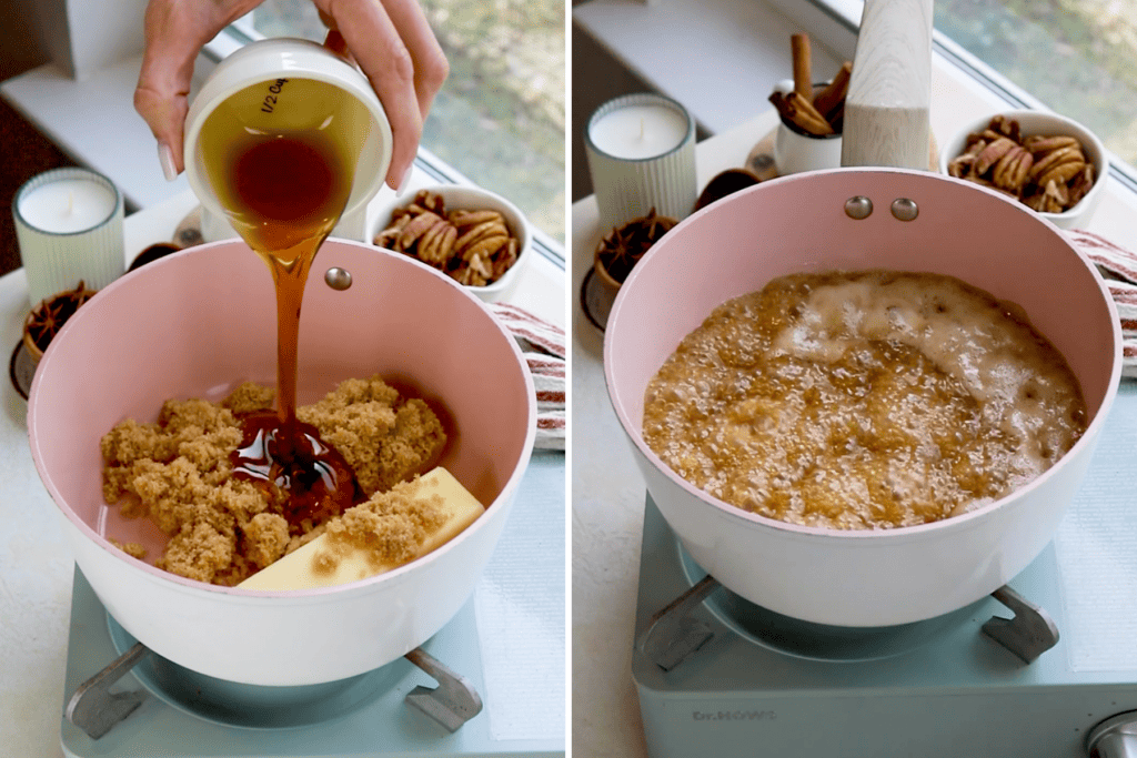 first picture: mixing maple syrup, brown sugar, butter in a small saucepan. second picture: ingredients being mixed together and simmering in the pan.