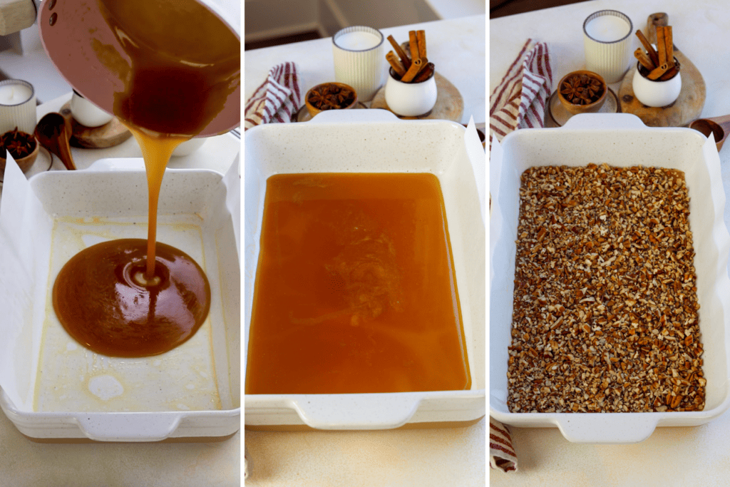 first picture: pouring caramel sauce on a baking dish. second picture: caramel sauce poured into a baking dish lined with parchment paper. third picture: pecans spread on top of the caramel sauce on a baking dish.