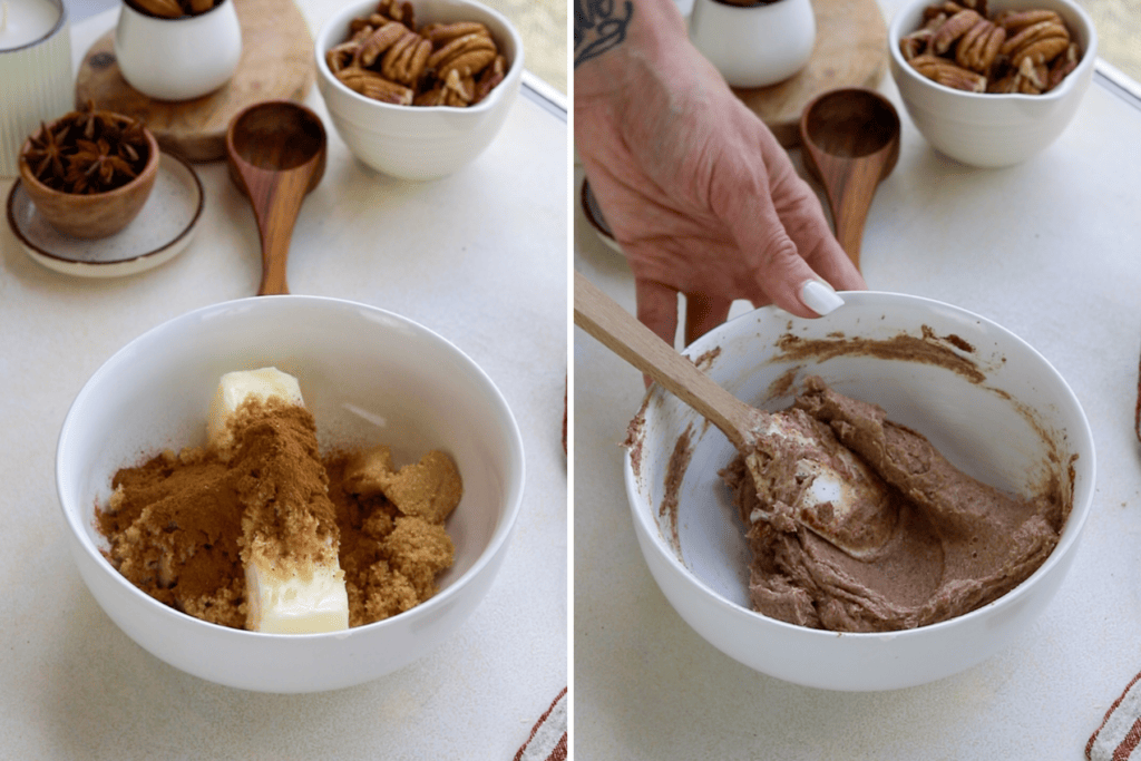 first picture: butter, cinnamon powder, and brown sugar in a small bowl. second picture: cinnamon, butter, and sugar mixed together in a bowl.