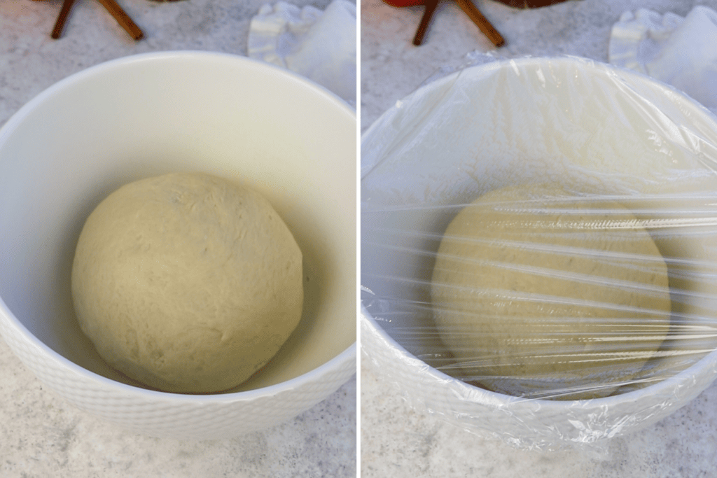 first picture: a ball of dough in a bowl. second picture: the same bowl covered with plastic wrap.