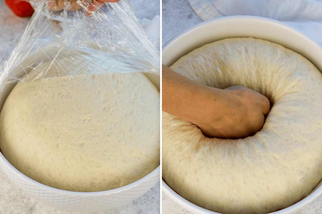 first picture: dough in a white bowl. second picture: hand punching down the dough.