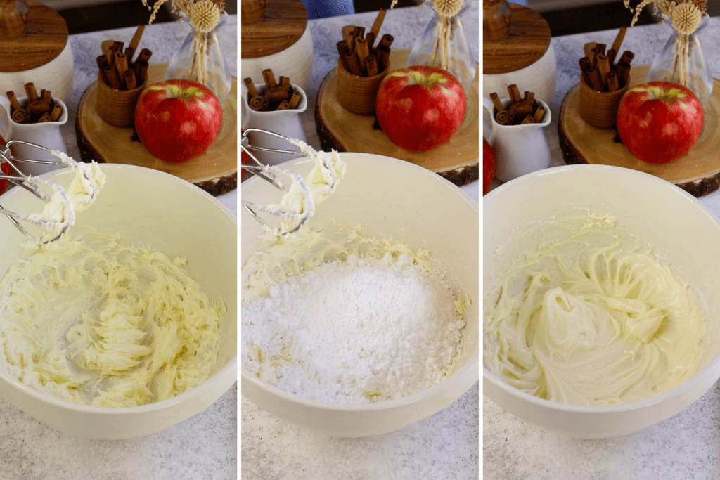 first picture: cream cheese and butter beaten in a bowl. second picture: powdered sugar added to the bowl. third picture: frosting mixed in a bowl.