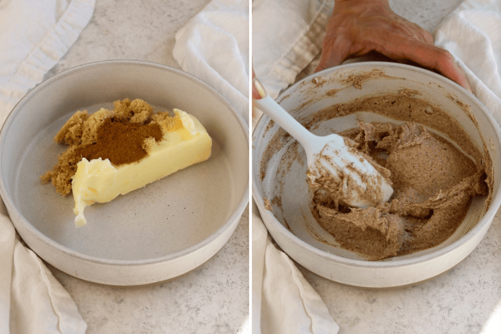 first picture: butter, brown sugar, and cinnamon in a shallow bowl. second picture: spatula mixing the ingredients together.