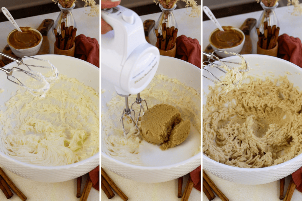first picture: butter being beat in the bowl with the electric mixer. second picture: brown sugar and sugar in a bowl with butter. third picture: egg added to the bowl with sugar and butter.