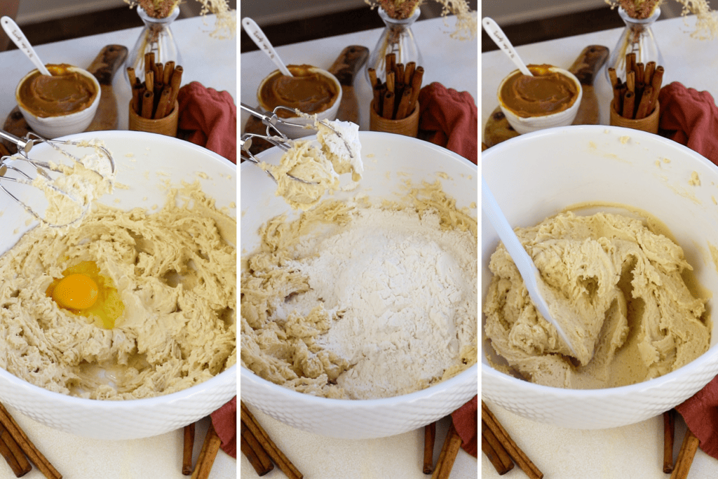 first picture: beating butter in a bowl with an electric mixer. second picture: flour added to the bowl with the dough. third picture: dough mixed in the bowl.