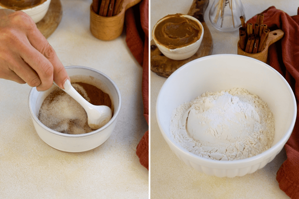 first picture: mixing cinnamon and sugar in a bowl. second picture: mixing flour, baking soda, cream of tartar in a bowl.