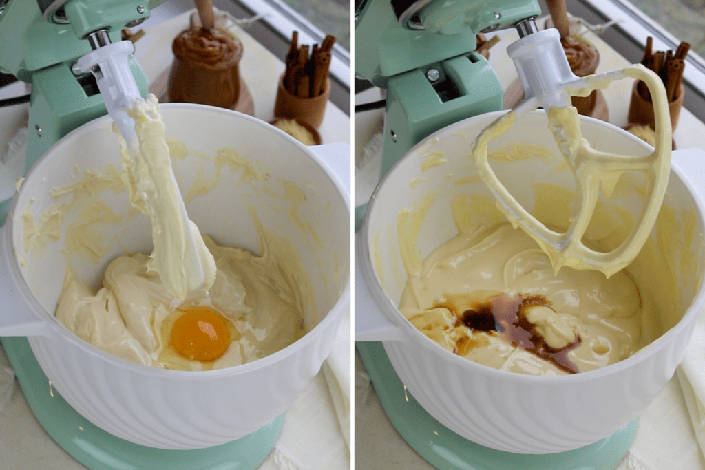 first picture: egg in a an electric mixer with cheesecake batter. second picture: vanilla added to the bowl with the cheesecake batter.
