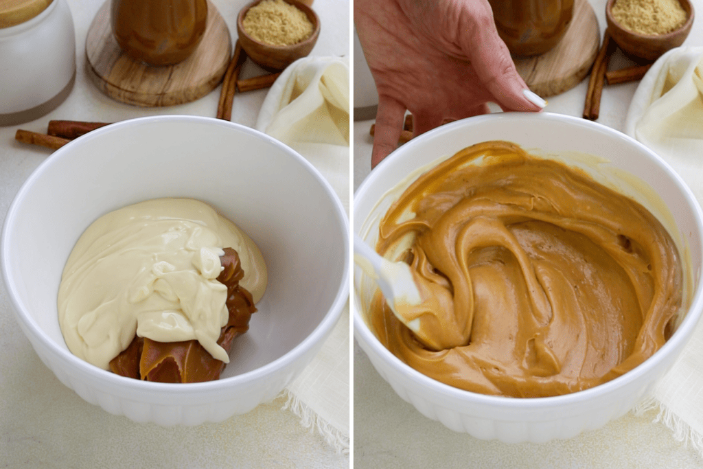 first picture: dulce de leche and cheesecake batter in a bowl. second picture: the batter and dulce de leche mixed together.