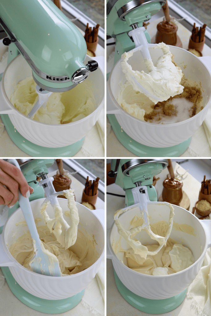 first picture: beating cream cheese in a mixer bowl. second picture, the paddle attachment of the bowl is lifted and sugar has been added to the bowl. third picture: a spatula is scraping down the sides of the bowl. fourth picture: the mixture is whipped in the bowl of a mixer.