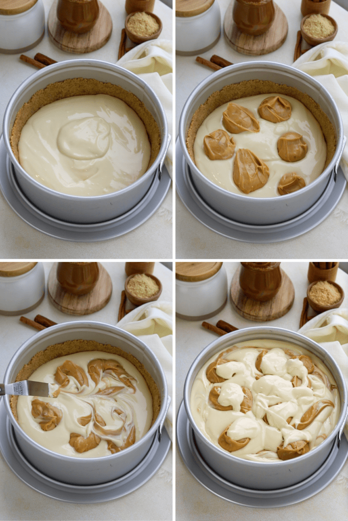 first picture: cheesecake batter on the bottom of a springform pan lined with crust. second picture: spoonfuls of dulce de leche batter scattered around the cheesecake batter. third picture: a spatula swirling the batter around. fourth picture: dulce de leche and plain cheesecake batters swirled together.