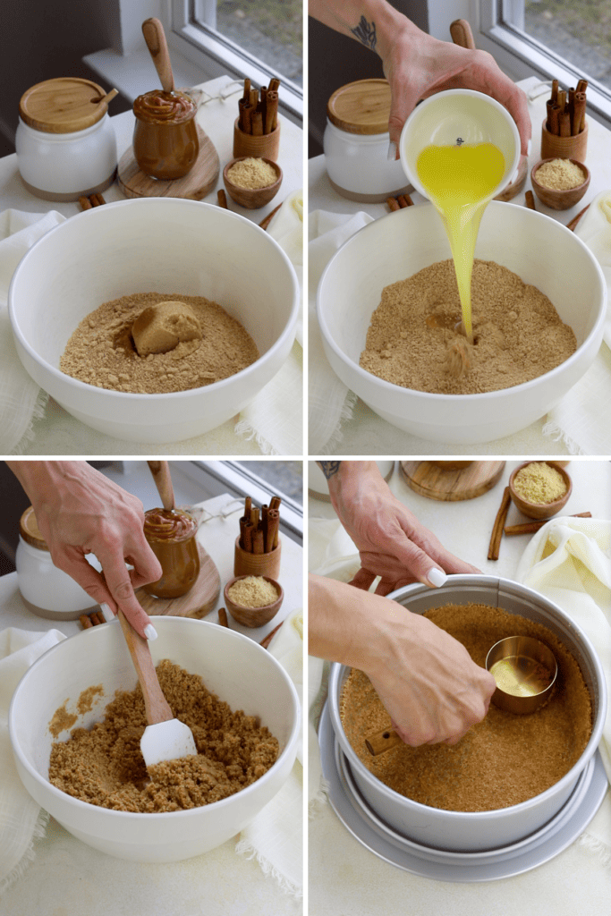 first picture: a bowl with graham cracker crumbs, brown sugar, and cinnamon. second picture: pouring melted butter in the bowl with the graham crackers. third picture: bowl with the graham crackers mixed with a spatula. fourth picture: packing the crust on the bottom of a springform pan.