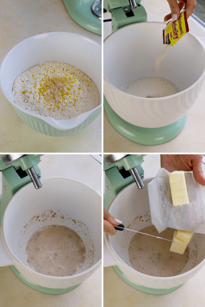 first picture: a bowl with flour, salt, nutmeg, and orange zest. second picture: adding yeast to the bowl of a mixer with milk. third picture: bowl with milk in it and yeast, the yeast is fluffy and activated. fourth picture: butter being added to the bowl of the mixer with the milk and yeast.