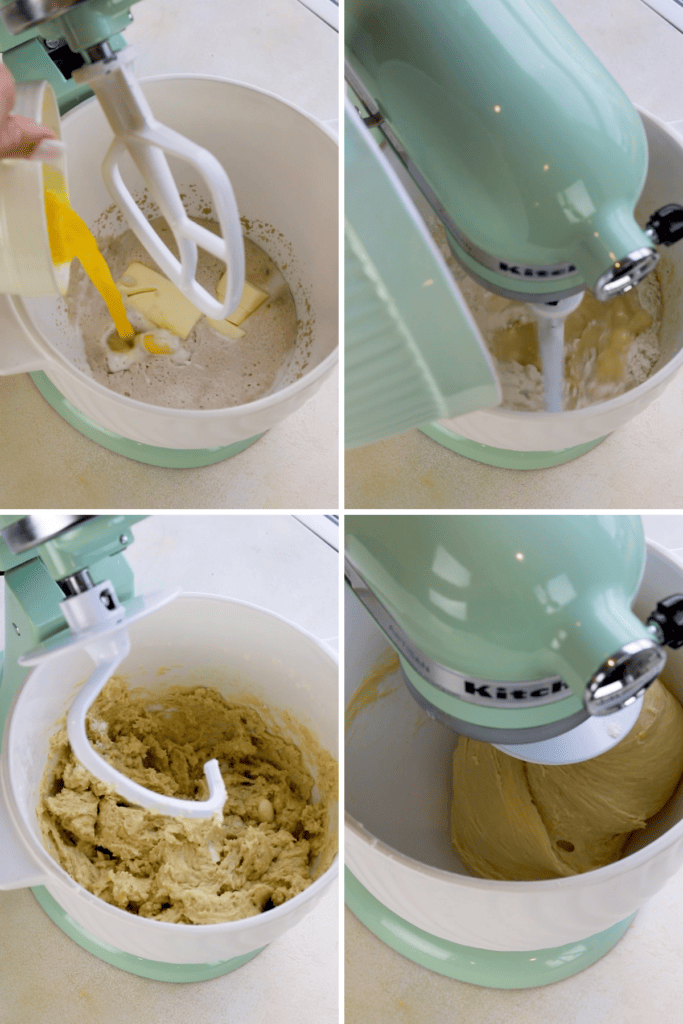 first picture: adding beaten eggs to a mixer bowl with butter, milk, sugar, and yeast. second picture: adding flour to the mixer bowl. third picture: the dough is in the bowl of a kitchen aid, and there's the dough hook attached to the mixer. fourth picture: the dough hook is kneading the brioche dough.