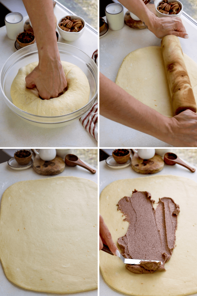 first picture: punching down the dough for cinnamon rolls. second picture: rolling out cinnamon roll dough with a rolling pin. third picture: rolled out cinnamon roll dough. fourth picture: spreading butter cinnamon mixture on top of the dough.