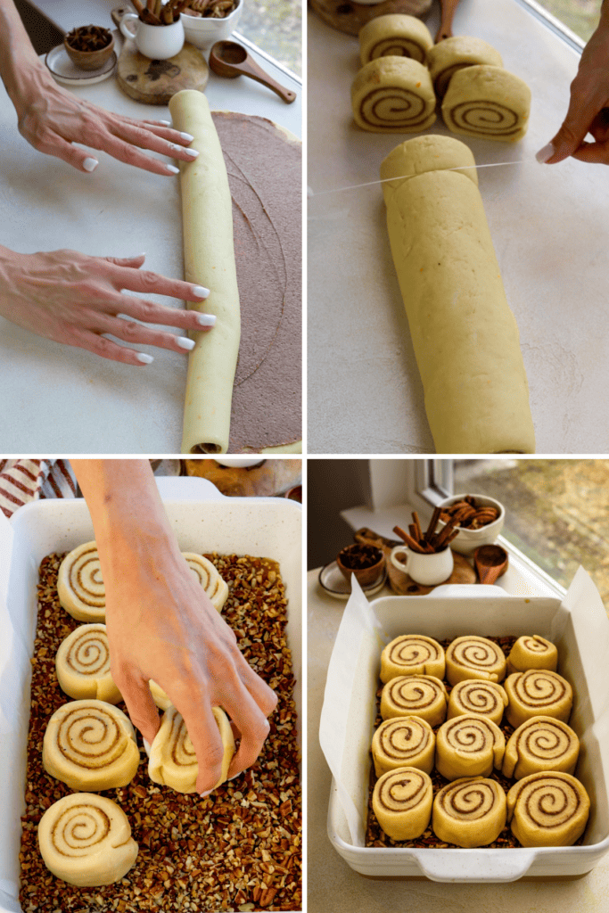First picture: rolling the cinnamon roll dough into a log. second picture: a roll of cinnamon rolls being sliced with floss. third picture: placing the cinnamon rolls on top of the pecan caramel sauce on a baking dish. fourth picture: cinnamon rolls on top of pecan caramel sauce.