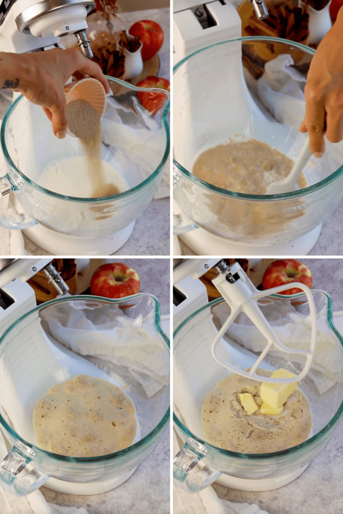 first picture: milk in the bowl of a kitchenaid, and a hand adding yeast to the bowl. second picture: hand mixing the mixture with a spatula. third picture: mixture being foamy. fourth picture: butter added to the bowl with the milk and yeast.