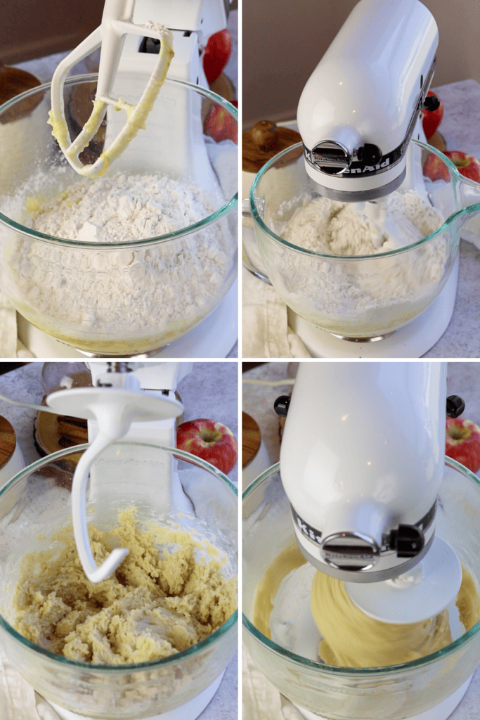 first picture: flour added to the bowl of the kitchenaid. second picture: kitchenaid mixing the flour with the milk mixture. third picture: the dough hook attached to the bowl with the dough in the bowl. fourth picture: the kitchenaid is mixing the dough with the dough hook.