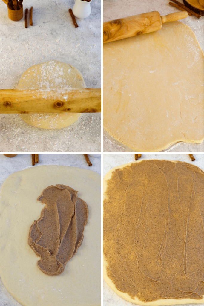 first picture: rolling the dough out with a rolling pin. second picture: dough rolled out. third picture: cinnamon butter mixture being spread on top of the dough. fourth picture: the cinnamon butter mixture spread out all over the dough.