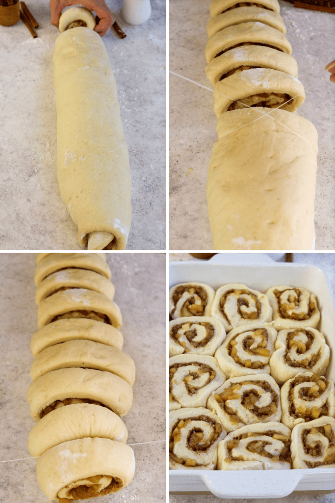 first picture: a roll of cinnamon rolls being sliced with floss. second picture: slicing the rolls with floss. third picture: still slicing the rolls with floss. fourth picture: the rolls places on a bkaing sheet.