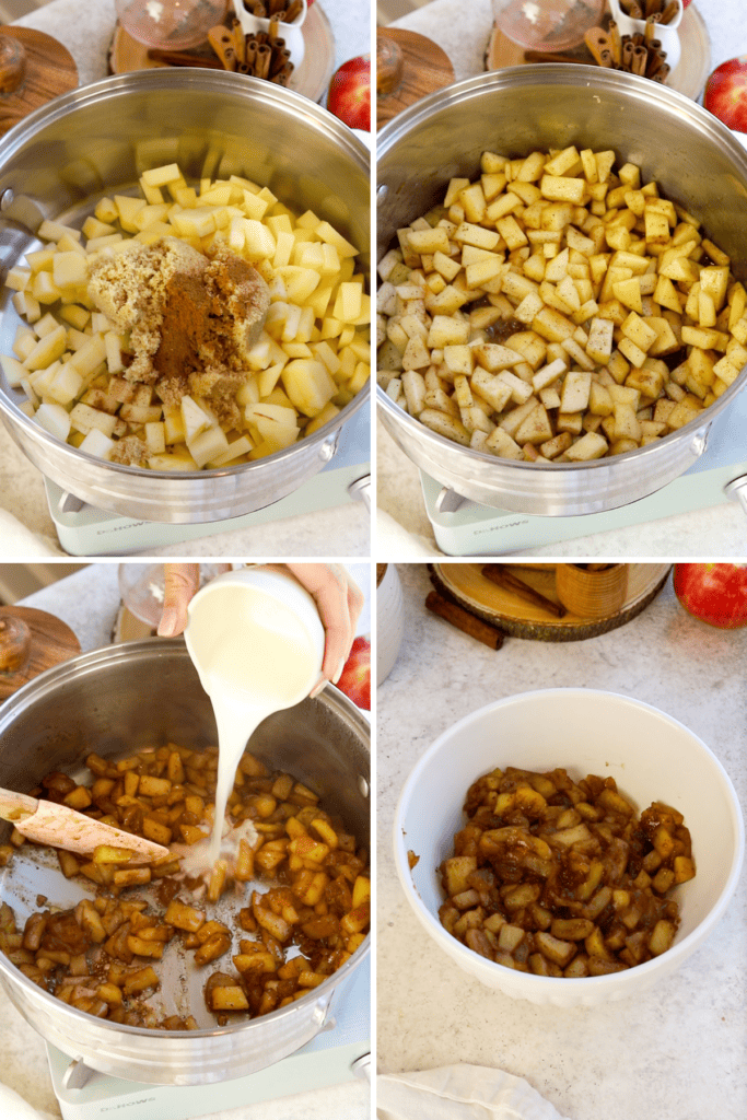 first picture: apples with spices and sugar in a saucepan. second picture: apples mixed with spices and seasonings. third picture: adding cornstarch to the pan with the apples. fourth picture: the apple mixture poured into a bowl.