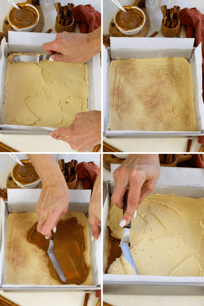 First picture: spreading dough on the bottom of the pan. second picture: sprinkling cinnamon sugar on top of the dough. third picture: spreading dulce de leche on top. Fourth picture: spreading more dough on top of the dulce de leche.