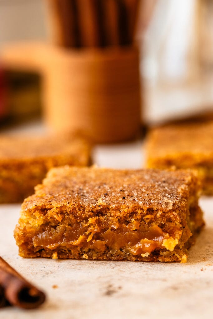 snickerdoodle bar filled with dulce de leche.