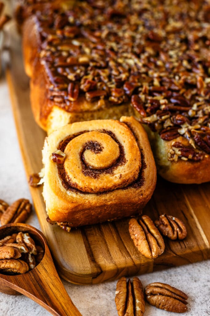 sticky buns recipe with pecan caramel sauce on top.